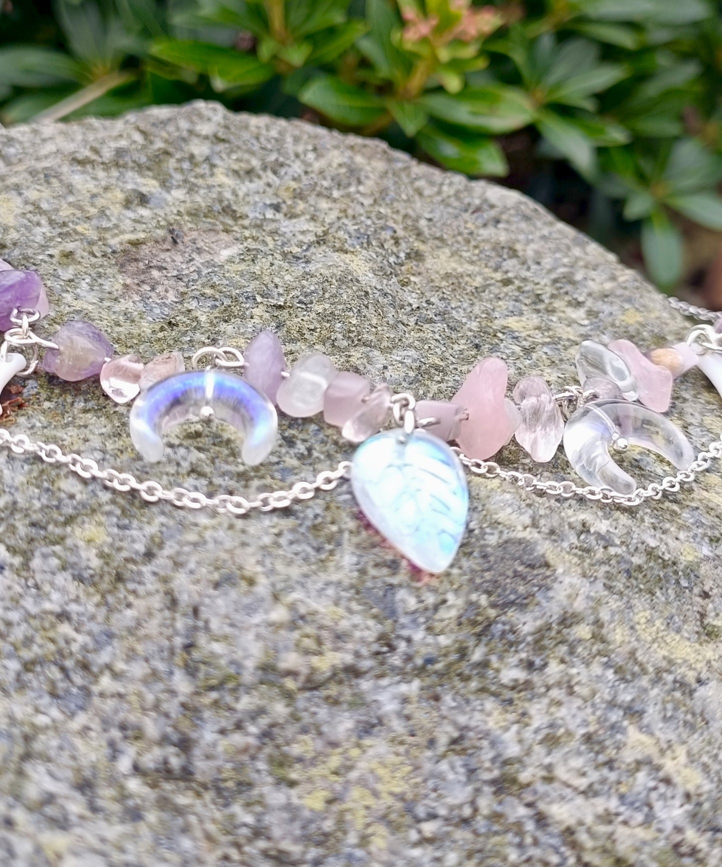 Rose Quartz Leaf & Moon Necklace