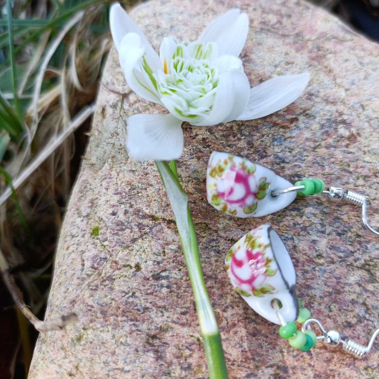 Pink Rose Teacup Earrings
