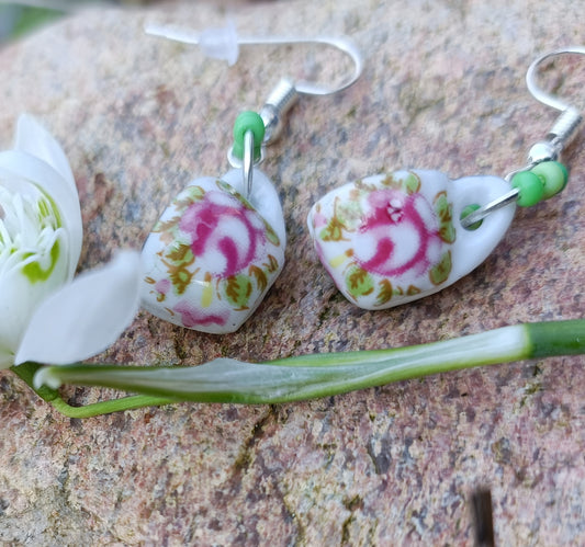 Pink Rose Teacup Earrings