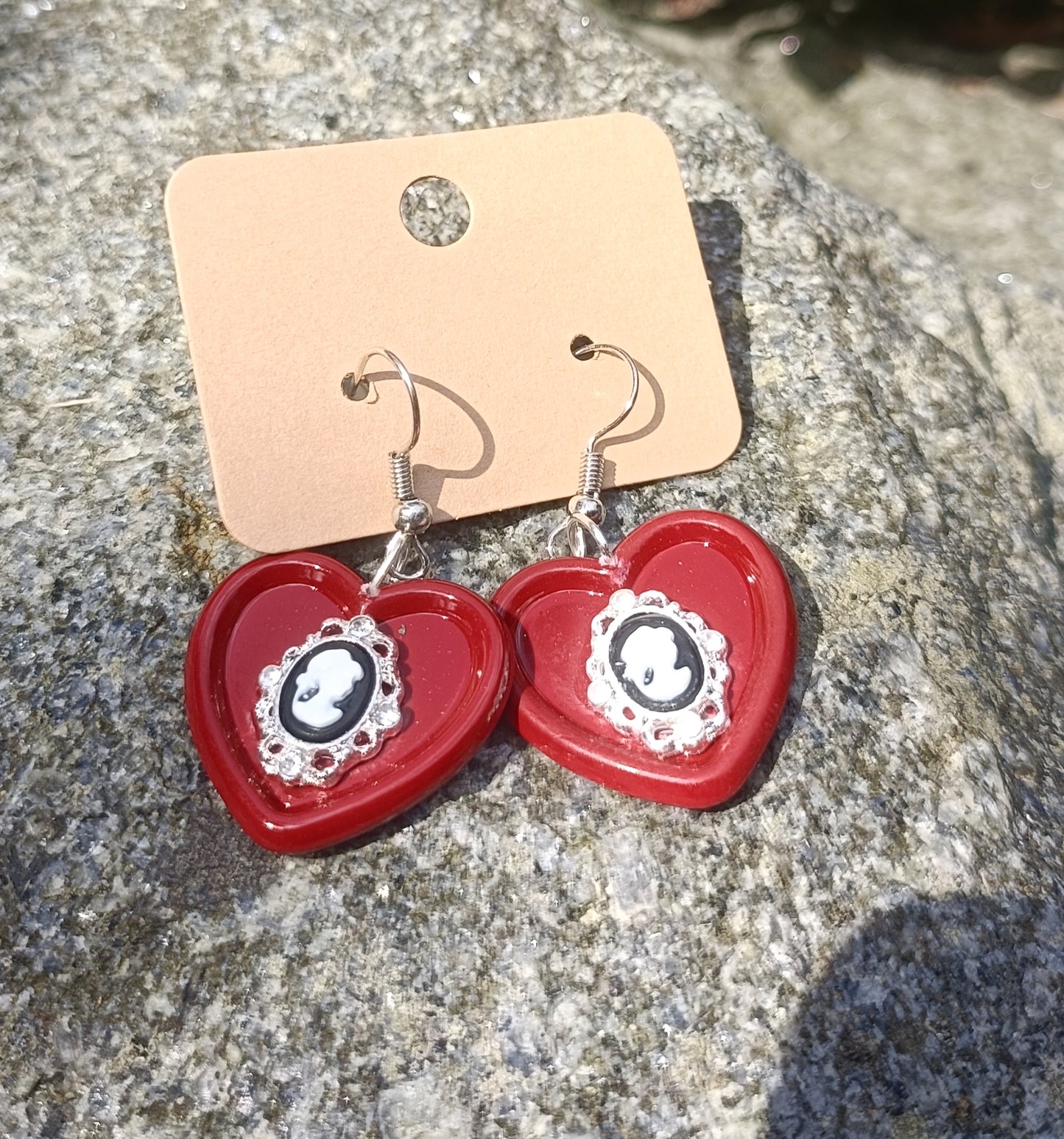 Heart button & Victorian portrait earrings