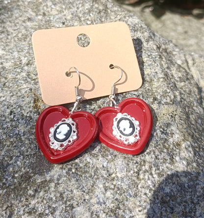 Heart button & Victorian portrait earrings