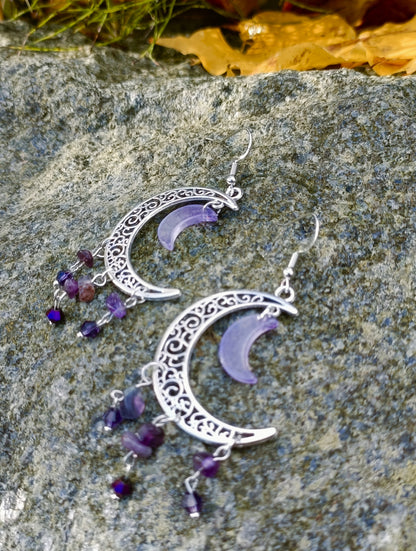 Gemstone Crescent Moon Earrings