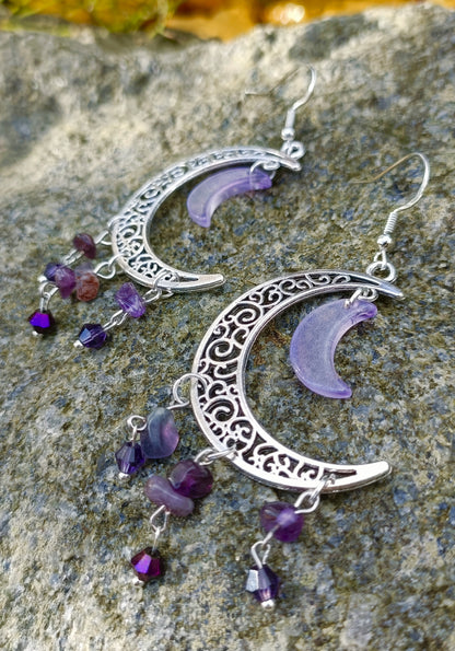 Gemstone Crescent Moon Earrings