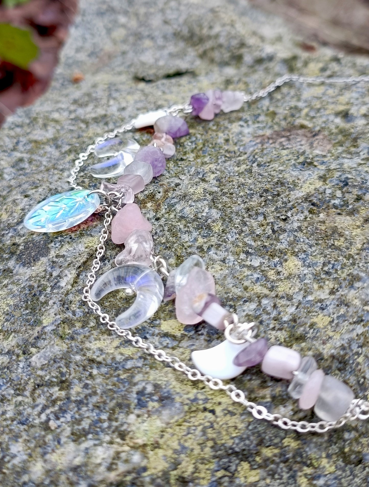 Rose Quartz Leaf & Moon Necklace
