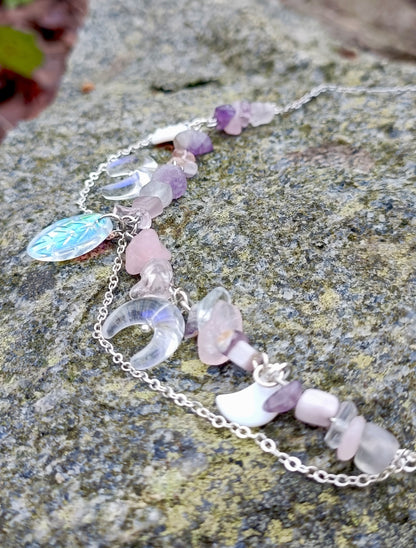 Rose Quartz Leaf & Moon Necklace