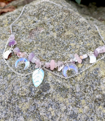 Rose Quartz Leaf & Moon Necklace
