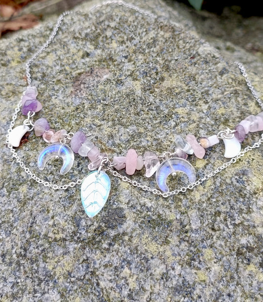 Rose Quartz Leaf & Moon Necklace
